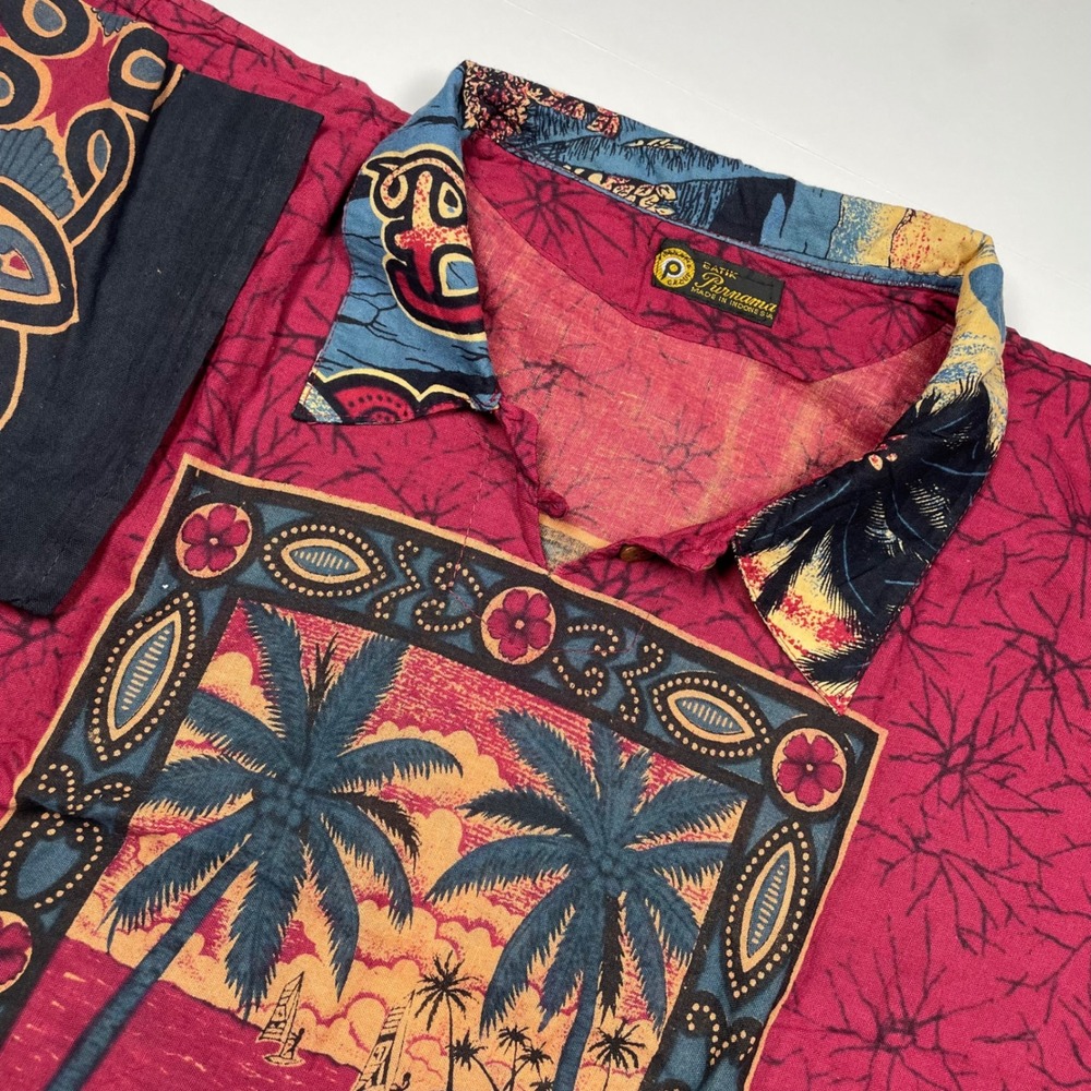 Batik Purnama Bali Souvenir Tribal Shirt‎ Mens Red Tropical Palm Tree Graphic M